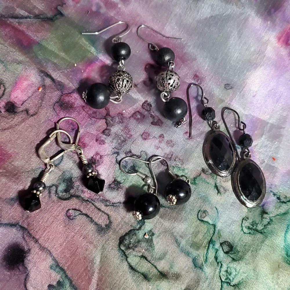 4 pair black and silver earrings